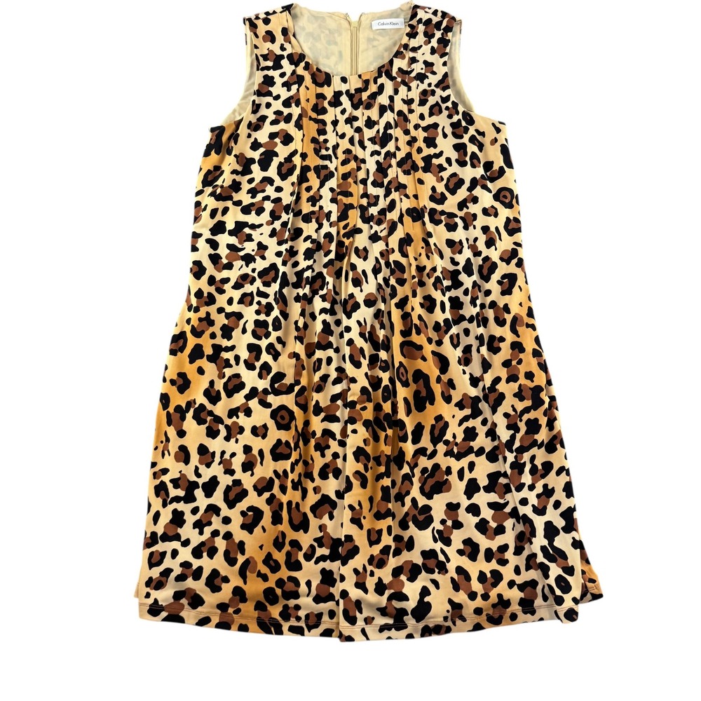Calvin Klein Womens Leopard Print Mesh Pleated Sleeveless Shift Dress Tan Size 8